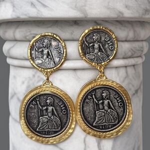 18k Matte Gold Plated Oversized Roman Gladiator Coin Dangle Earrings